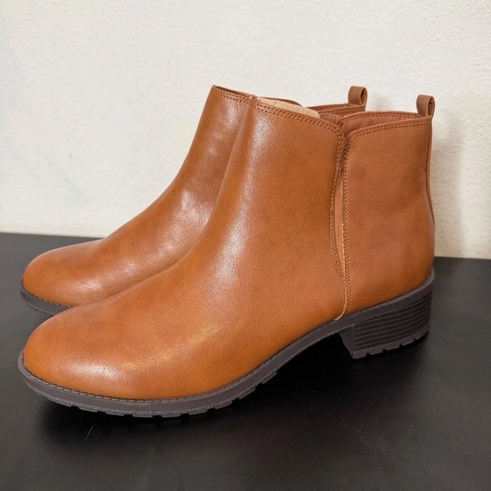 Cognac Brown Ankle Boots Womens 12 Lug Sole Faux Leather Low Block Heel‎  Zip